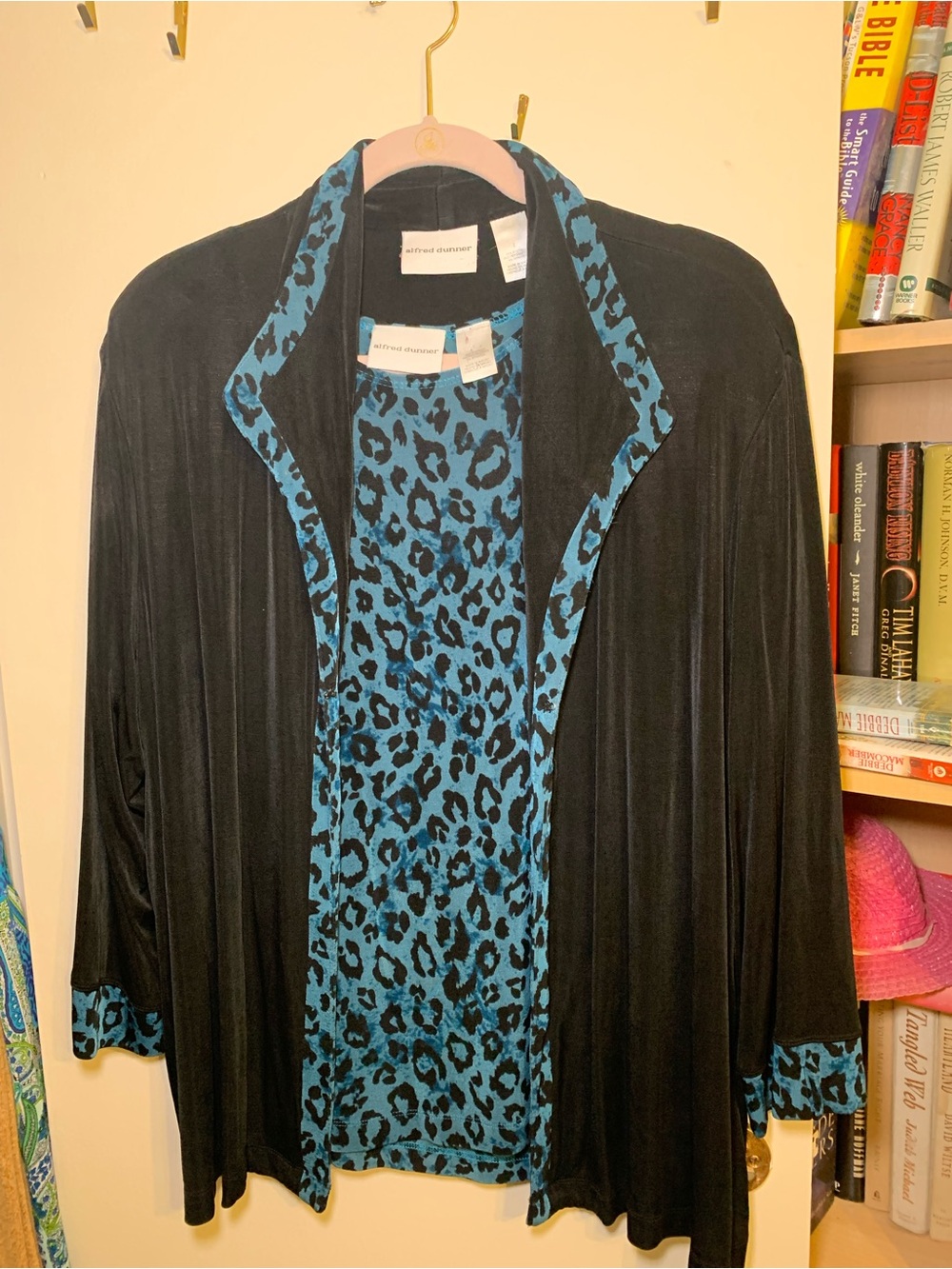Alfred Dunner Black Jacket with Teal Leopard Trim